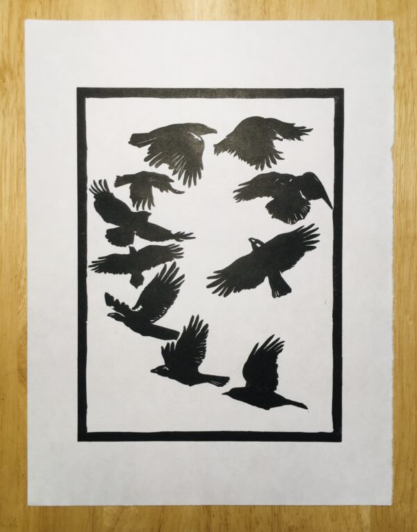 Handprinted linocut, printed in black ink on Japanese Hosho paper